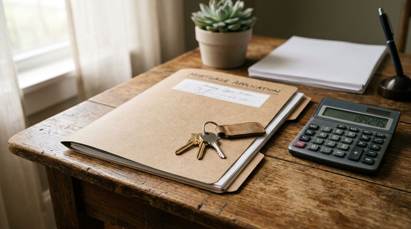 Mortgage paperwork, house keys and a calculator on a wooden desk