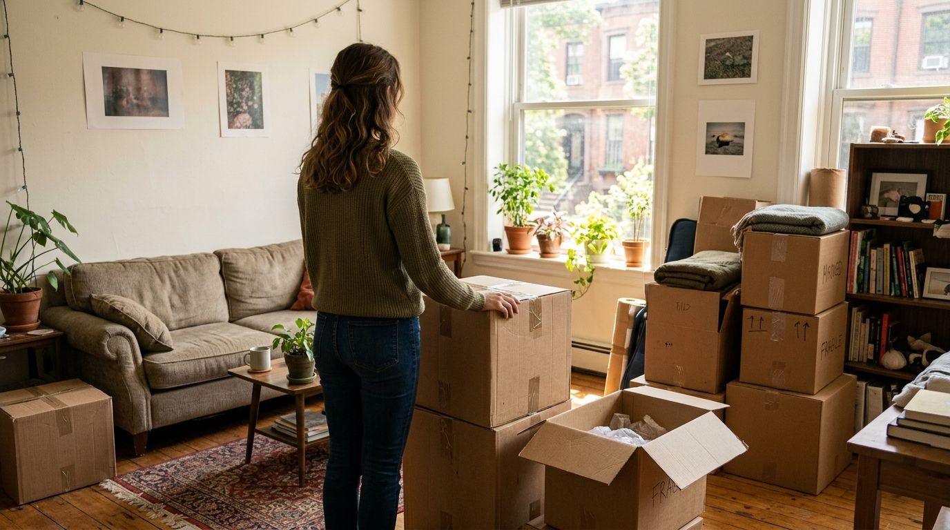 A bright living room filled with moving boxes