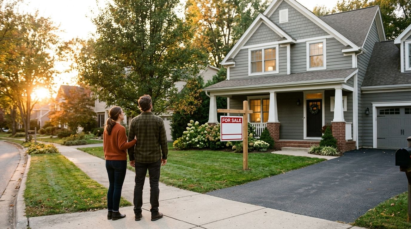 A couple seen from behind looking at a suburban house at golden hour