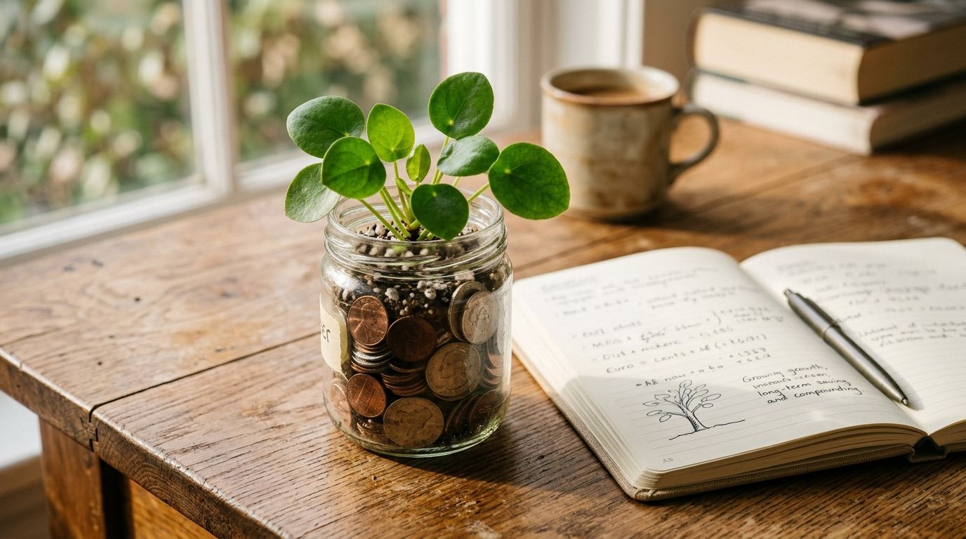 A jar of coins and a growing seedling on a sunny desk