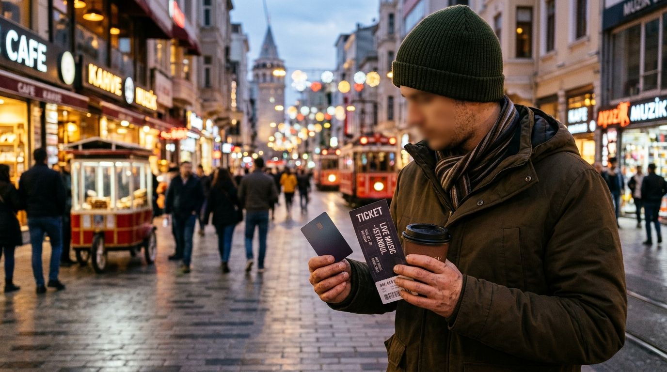 A young person holding a credit card, a concert ticket and a coffee in evening city lights