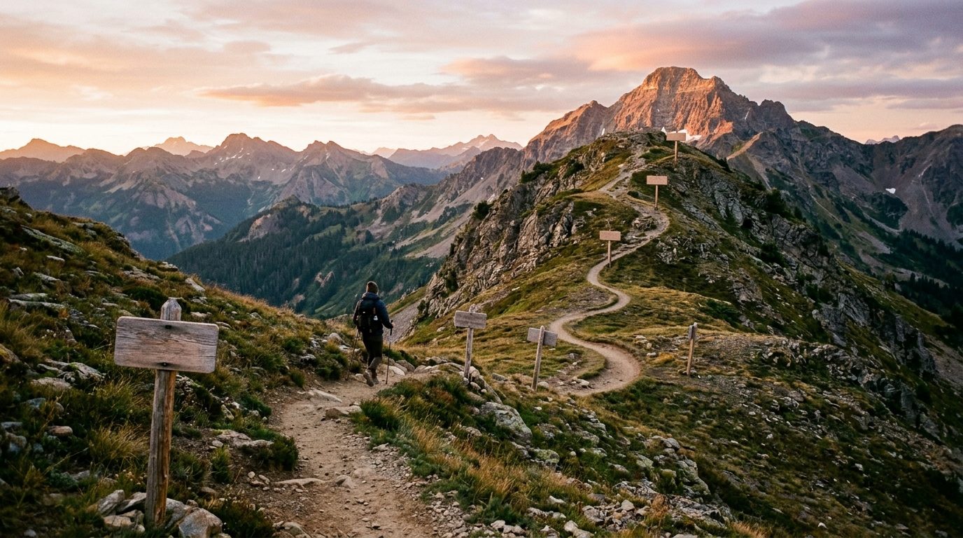 Stops on a trail leading to a summit and a person walking