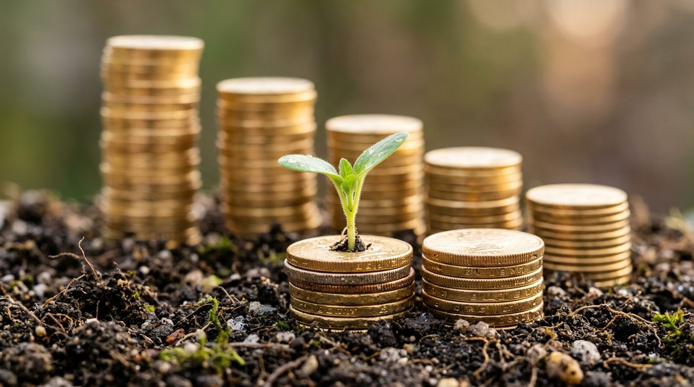 A seedling sprouting from a pile of coins next to growing stacks