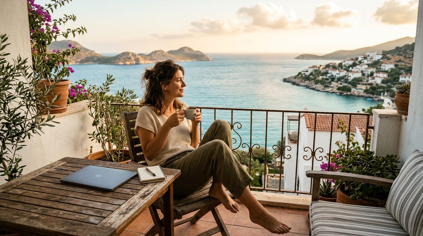 Someone relaxing with a coffee on a balcony by the Aegean coast