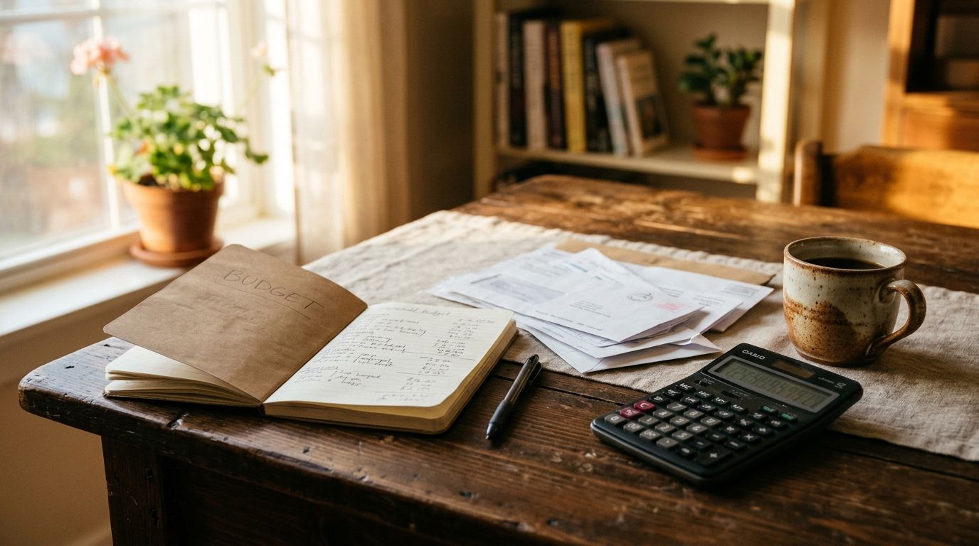 A budget notebook, calculator and bills on a kitchen table