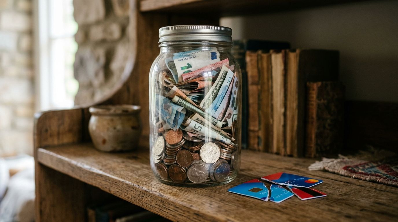 An emergency savings jar and a cut-up credit card on a shelf