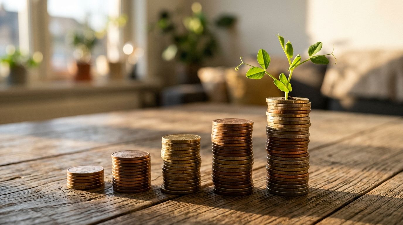 A plant sprouting from growing stacks of coins