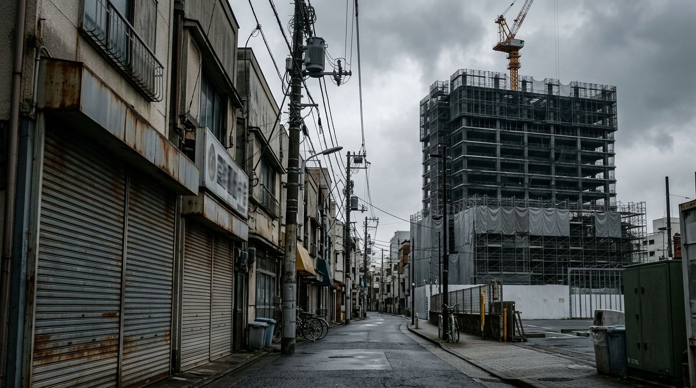 Kapalı kepenkleri ve yarım kalmış binasıyla sessiz bir Tokyo sokağı