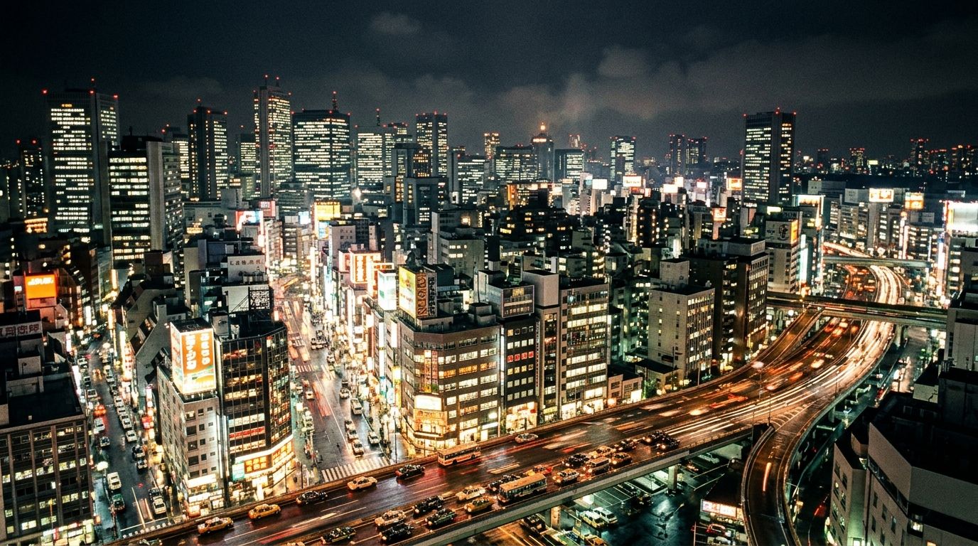 1980'lerin havasında gece ışıklarıyla Tokyo silüeti