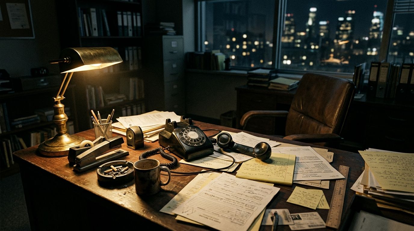 1980’lerden kalma bir ofis masasında açıkta bırakılmış telefon ahizesi