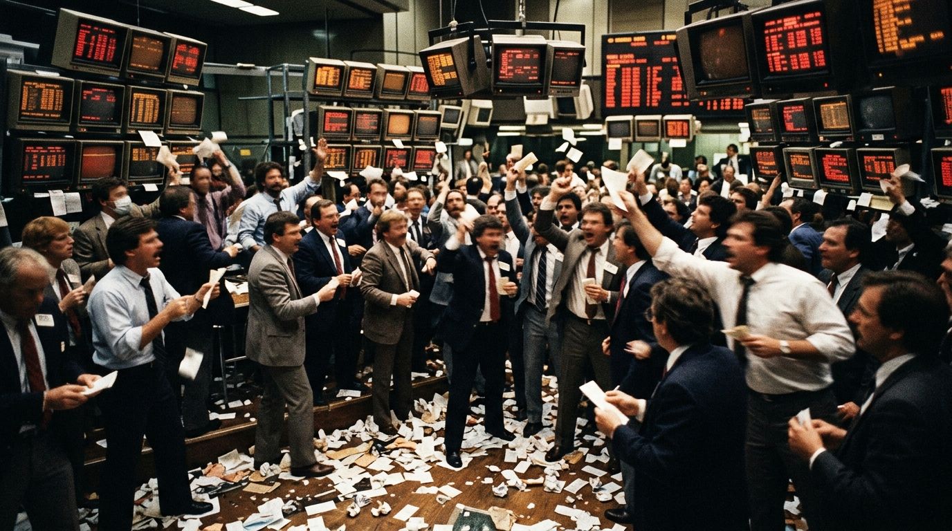 1980'lerde kaotik bir borsa salonu