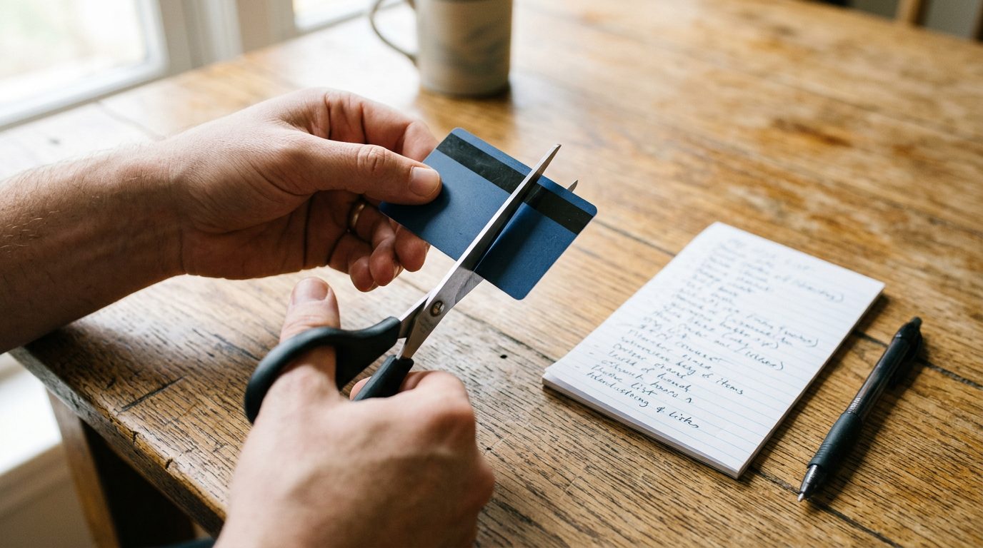 Hands cutting a credit card in half with scissors next to a debt list
