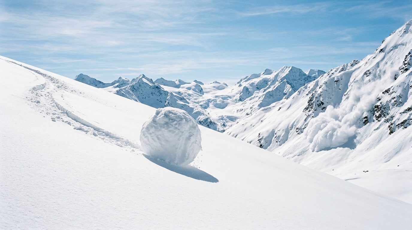 A snowball growing as it rolls down a snowy slope