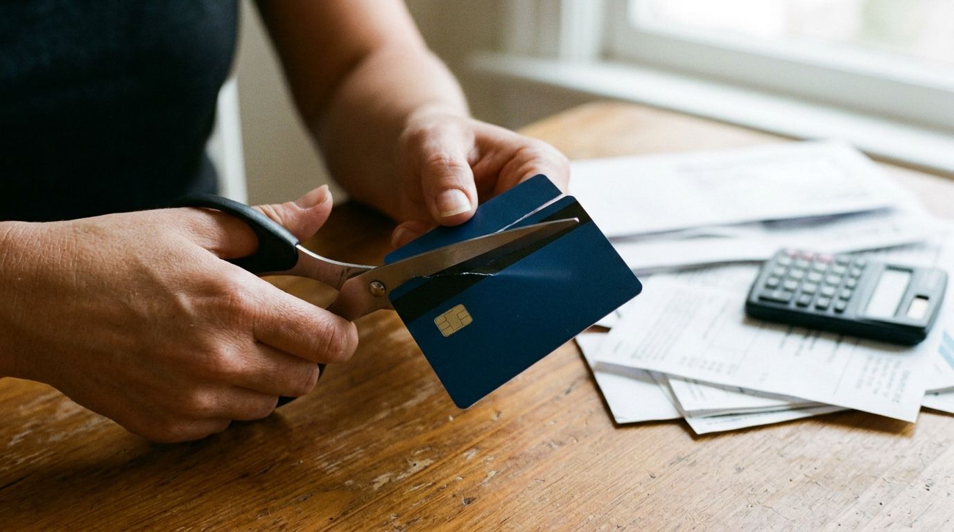 A credit card being cut in half with scissors on a table