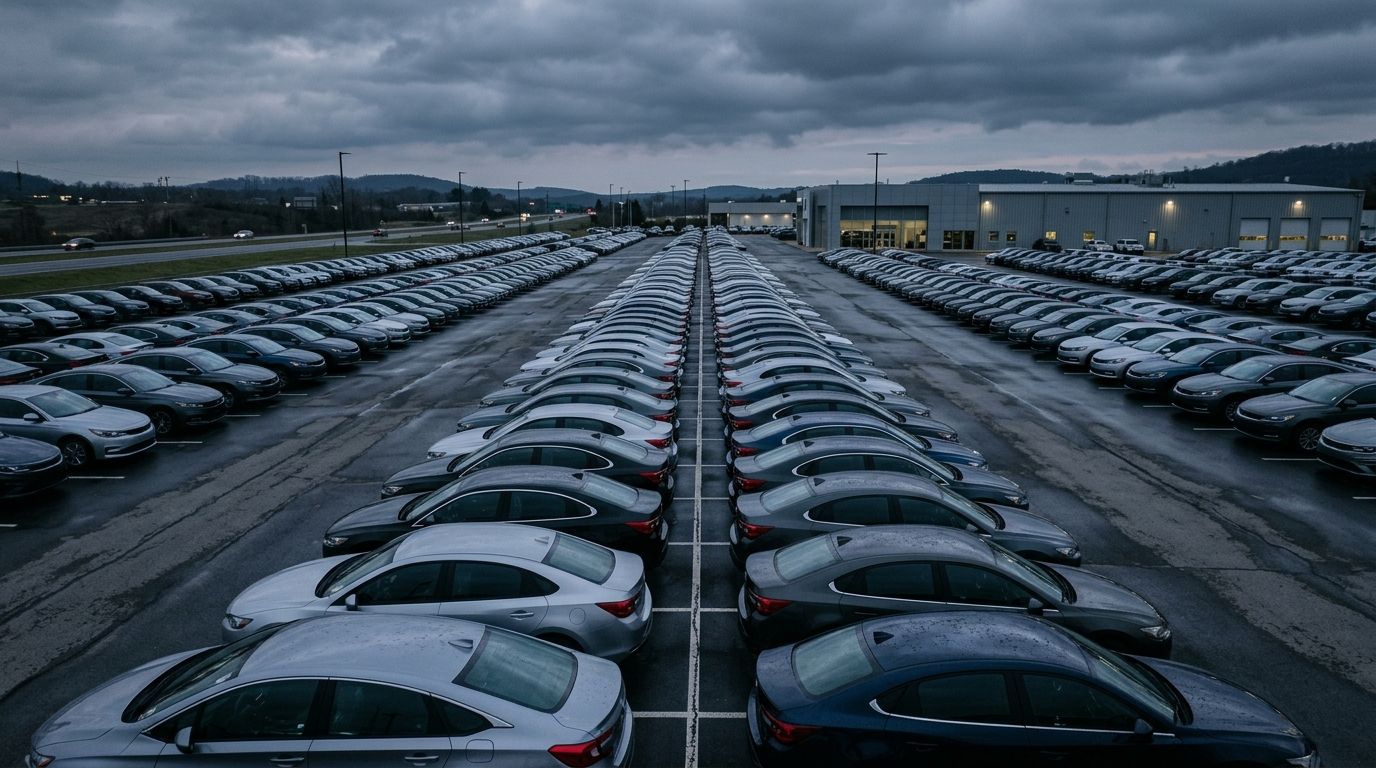 New cars lined up on a dealership lot on a cloudy evening