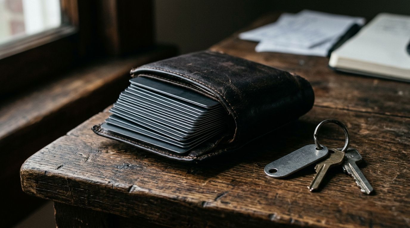 A wallet full of credit cards and car keys on a desk