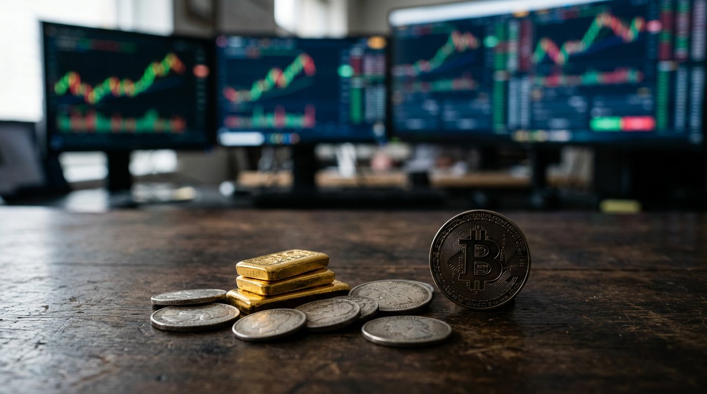 Koyu masada altın külçeler, gümüş paralar ve bir bitcoin, arkada bulanık işlem ekranları