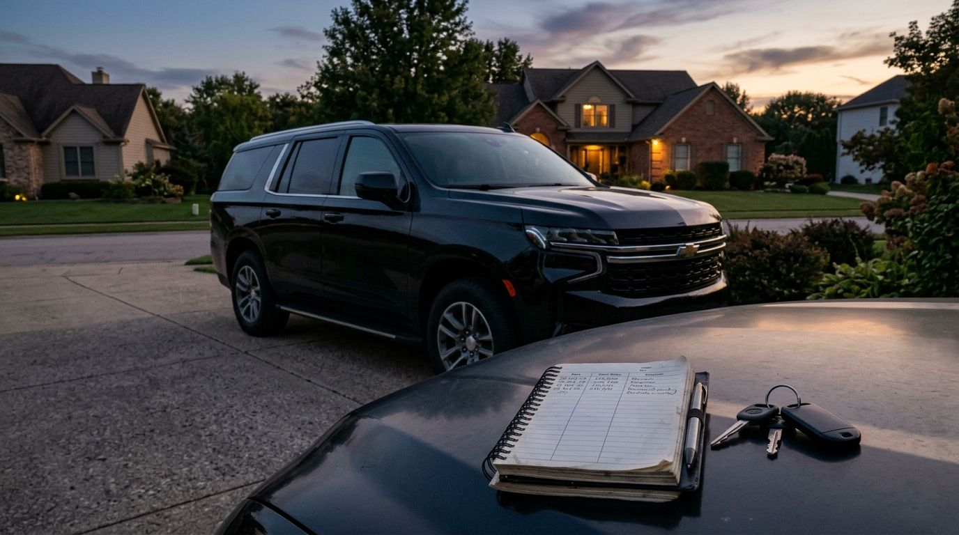 A large vehicle in a driveway with a mileage log