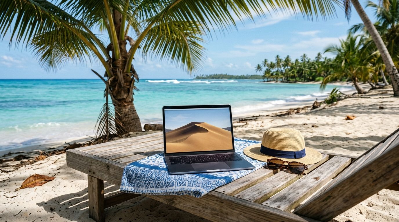 An open laptop on a beach lounger