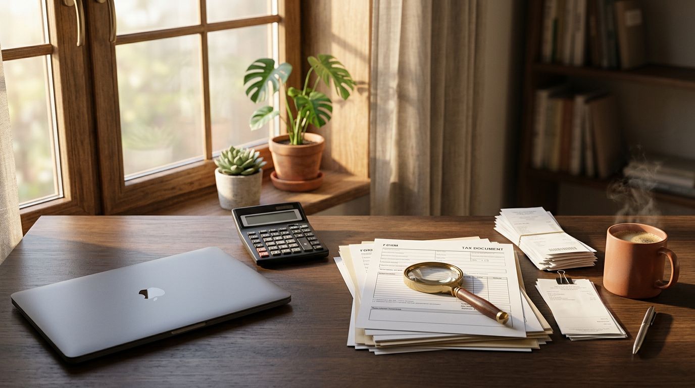 Laptop, calculator and tax papers on a desk