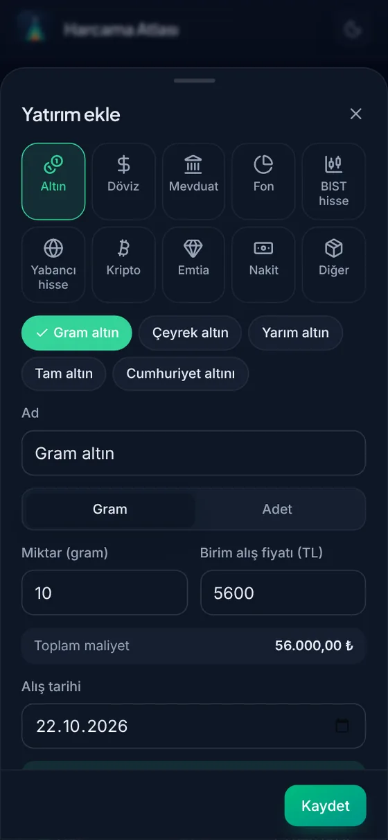 The add investment screen