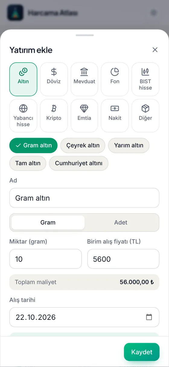 The add investment screen